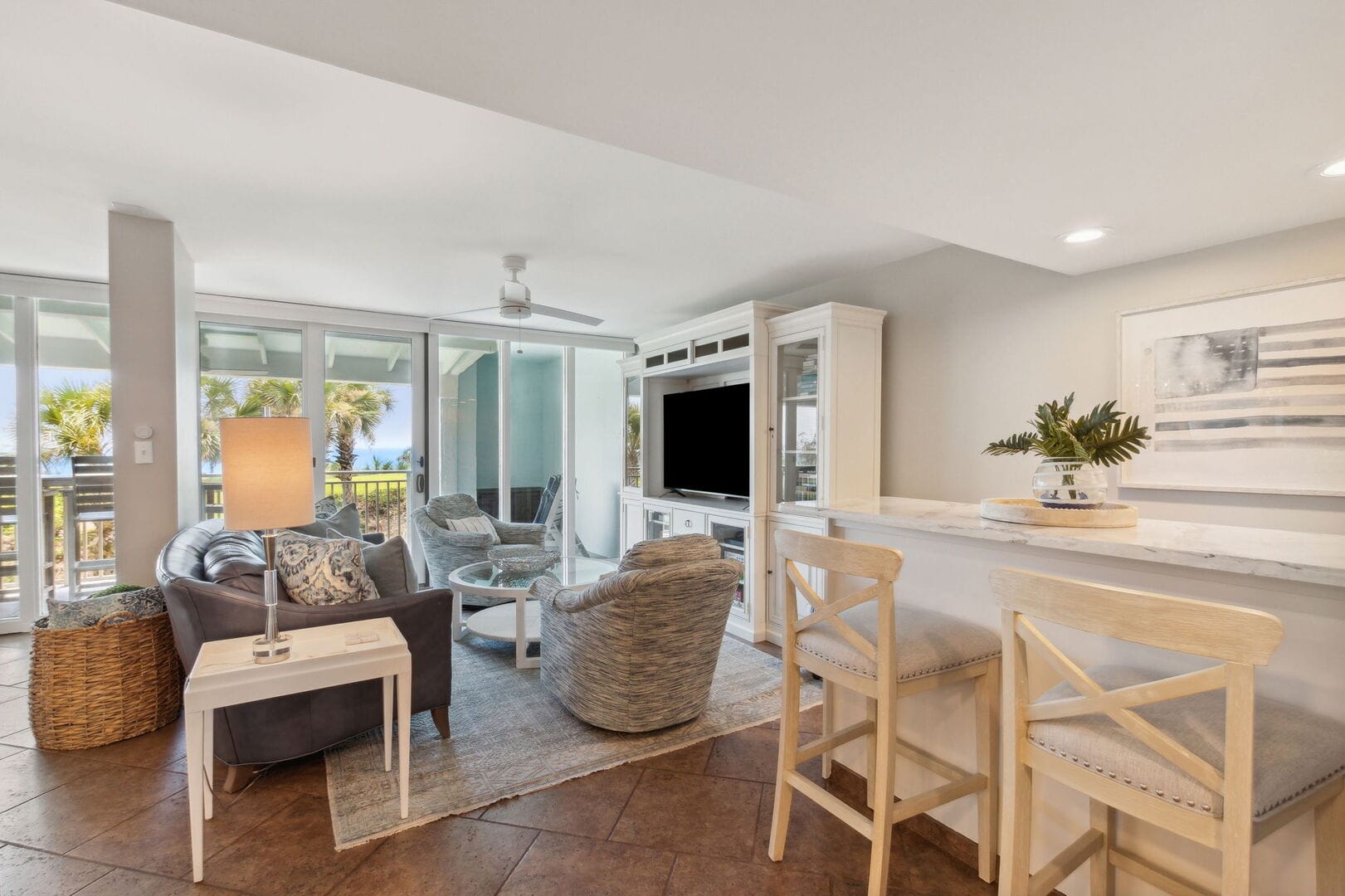 Modern living room with ocean view.