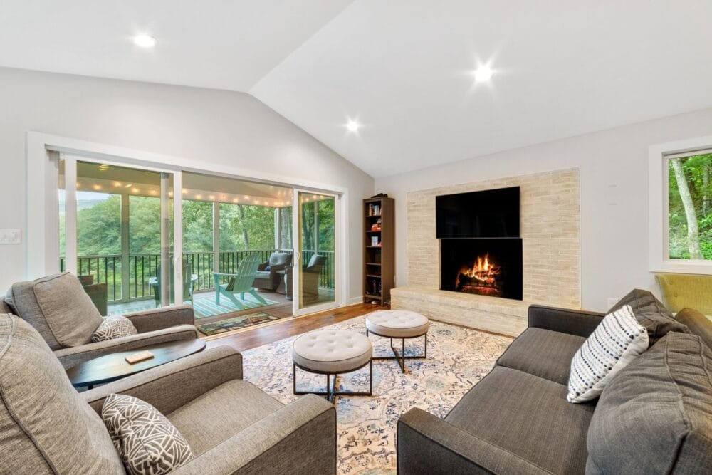 Bright living room with fireplace.