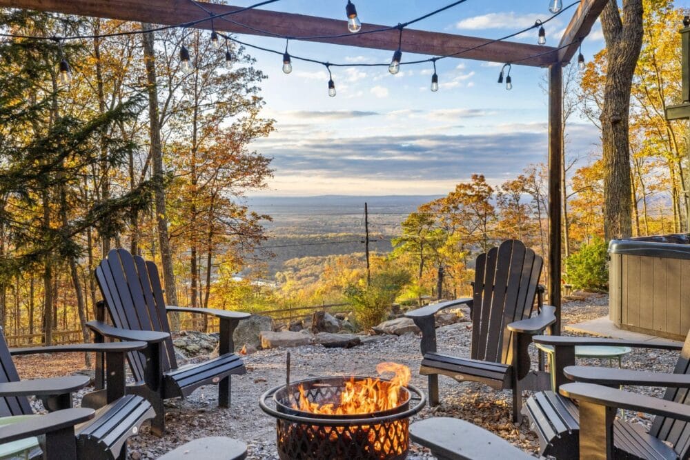 Outdoor seating around fire pit.