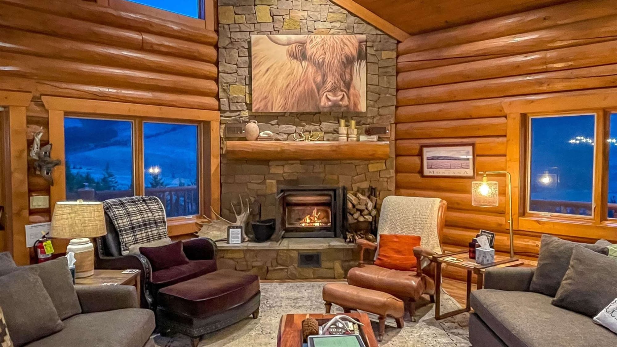 Cozy log cabin living room.