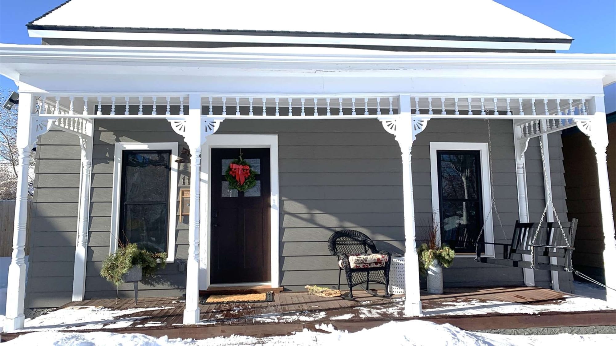 House porch with winter decorations.