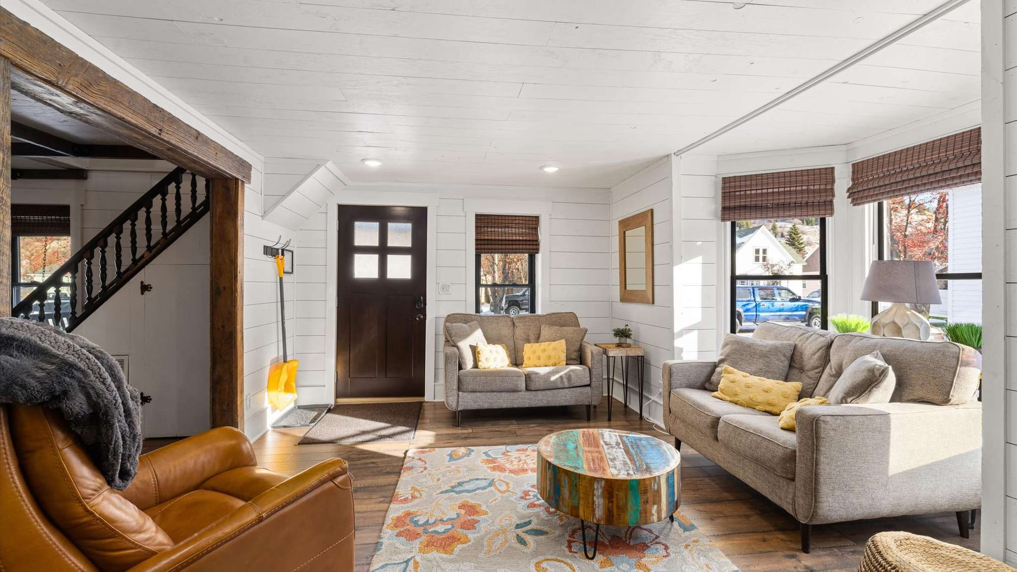 Cozy living room with rustic decor.