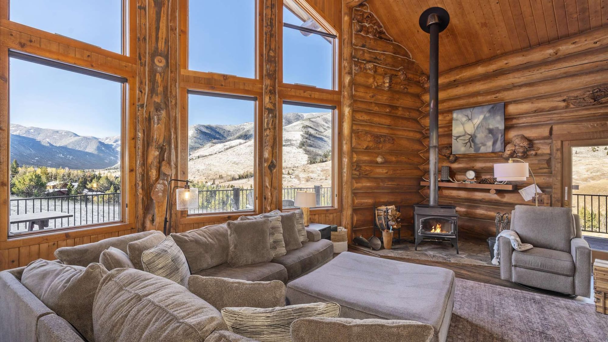 Cozy log cabin with mountain view.