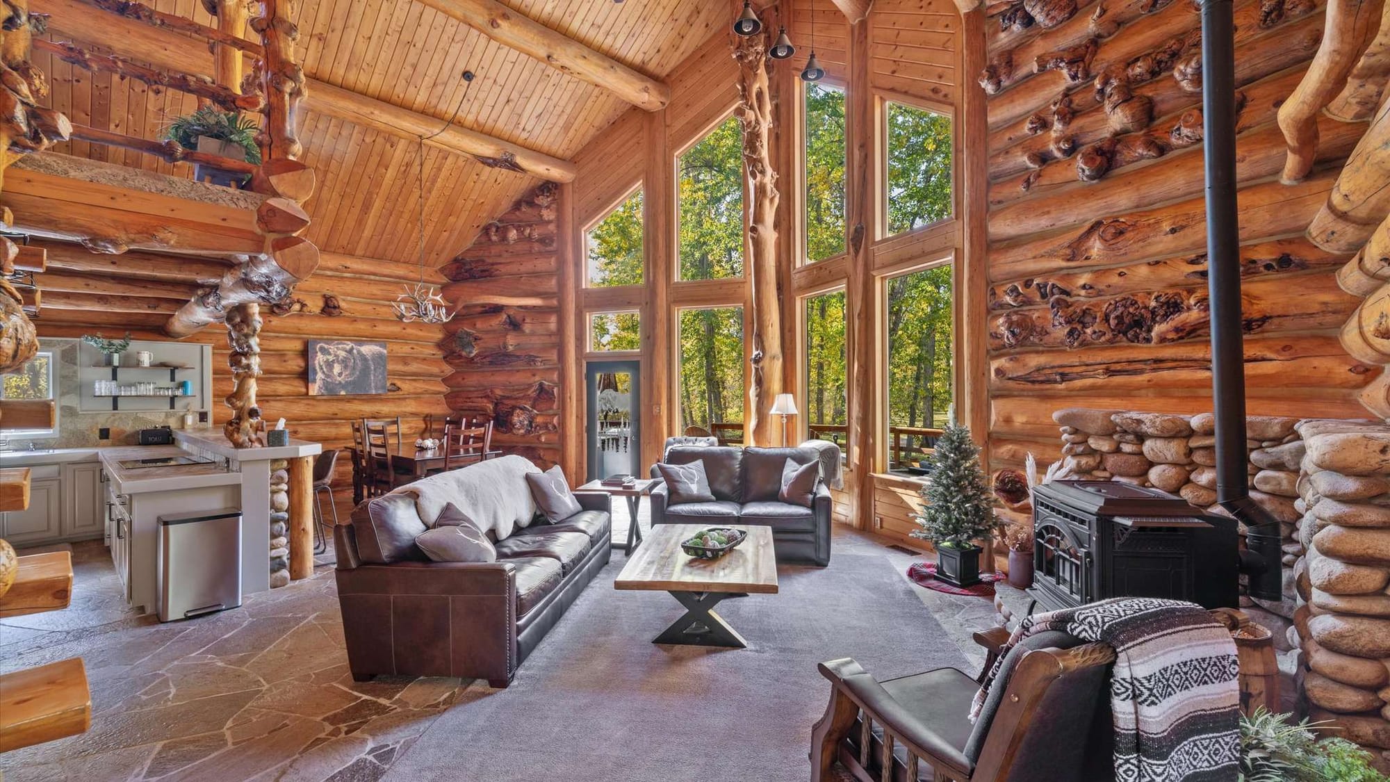 Rustic log cabin living room interior.