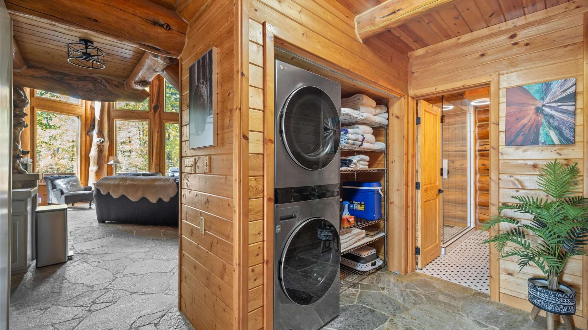 Rustic interior with laundry appliances.