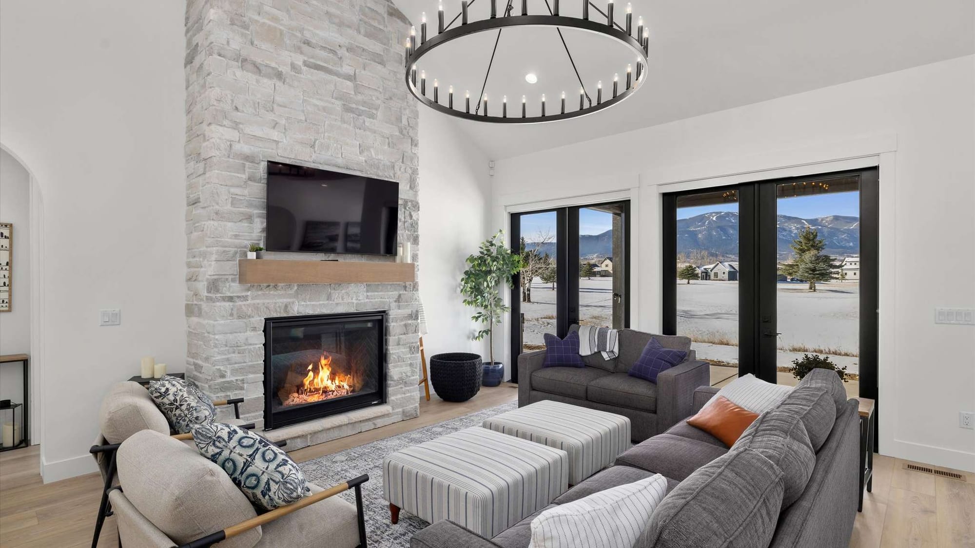 Modern living room with mountain view.