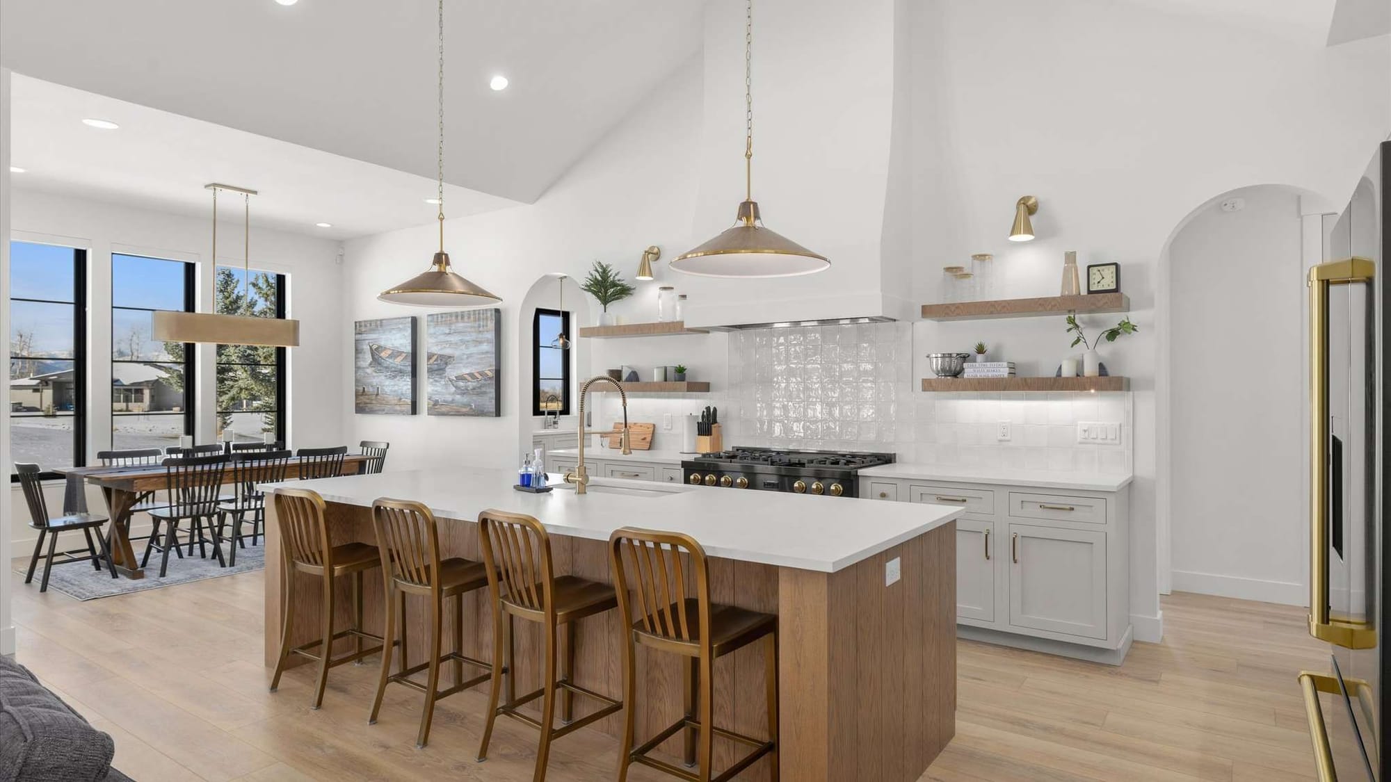 Modern kitchen and dining area.