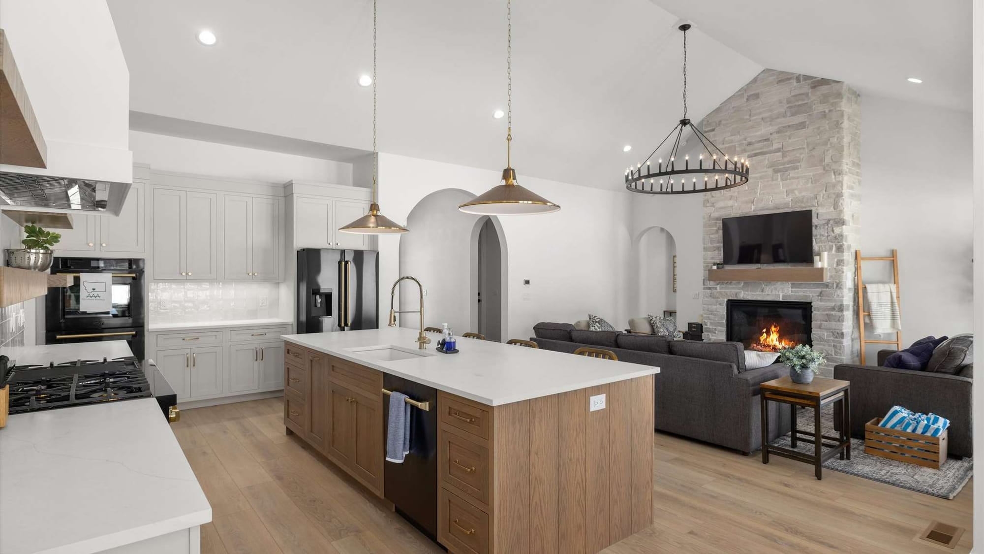 Modern kitchen and living room.