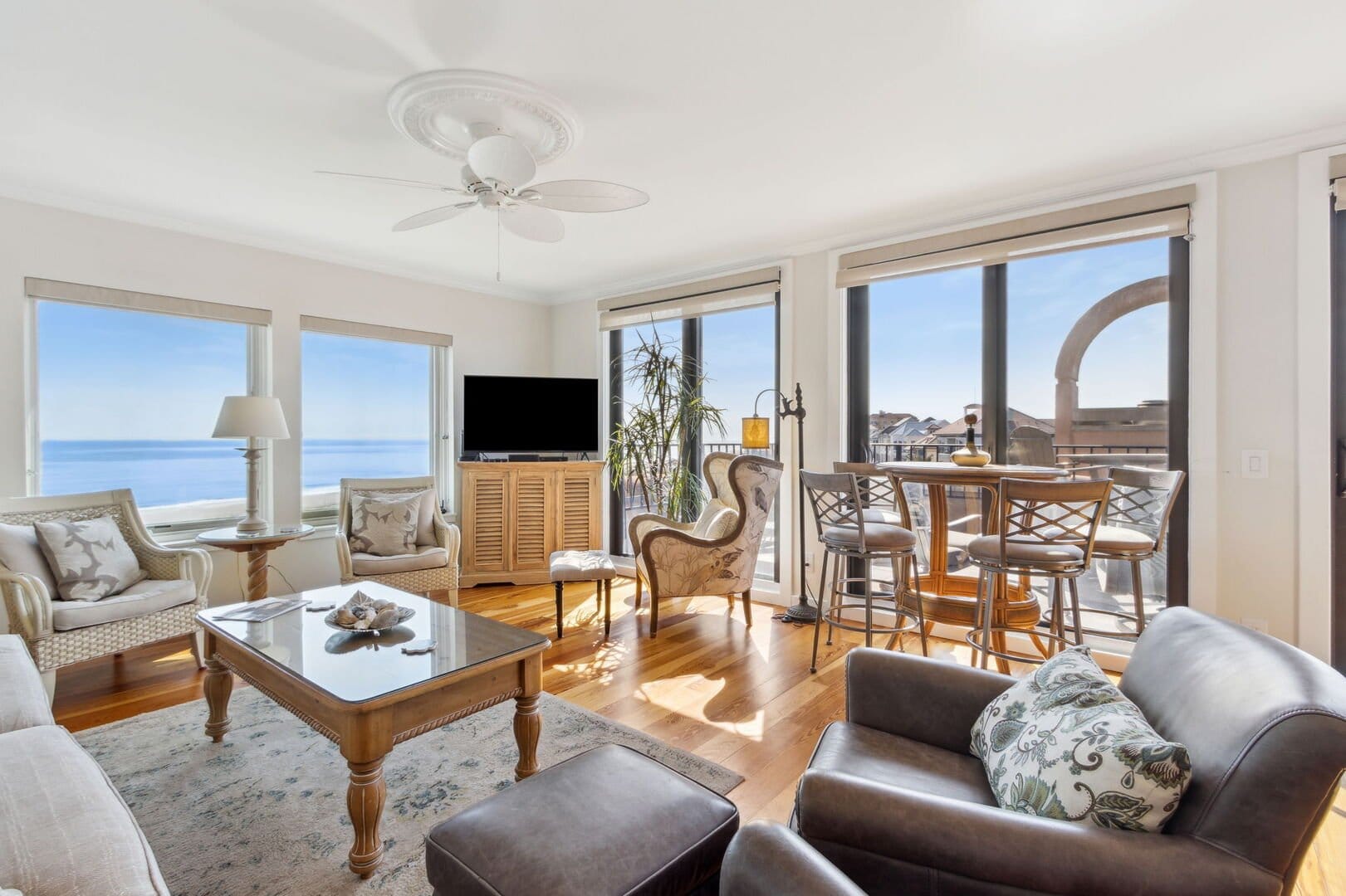 Bright living room with ocean view.