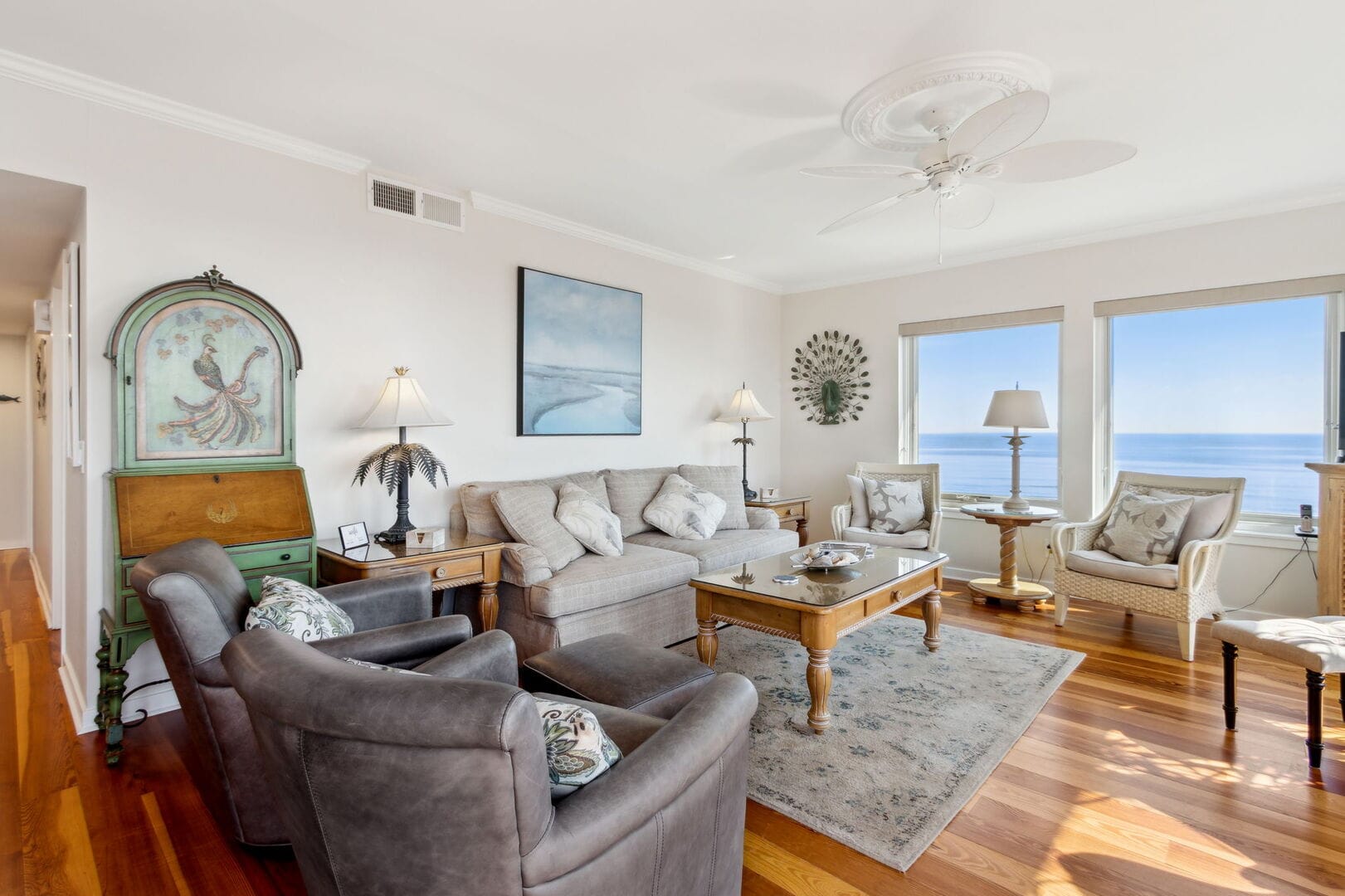 Cozy living room with ocean view.