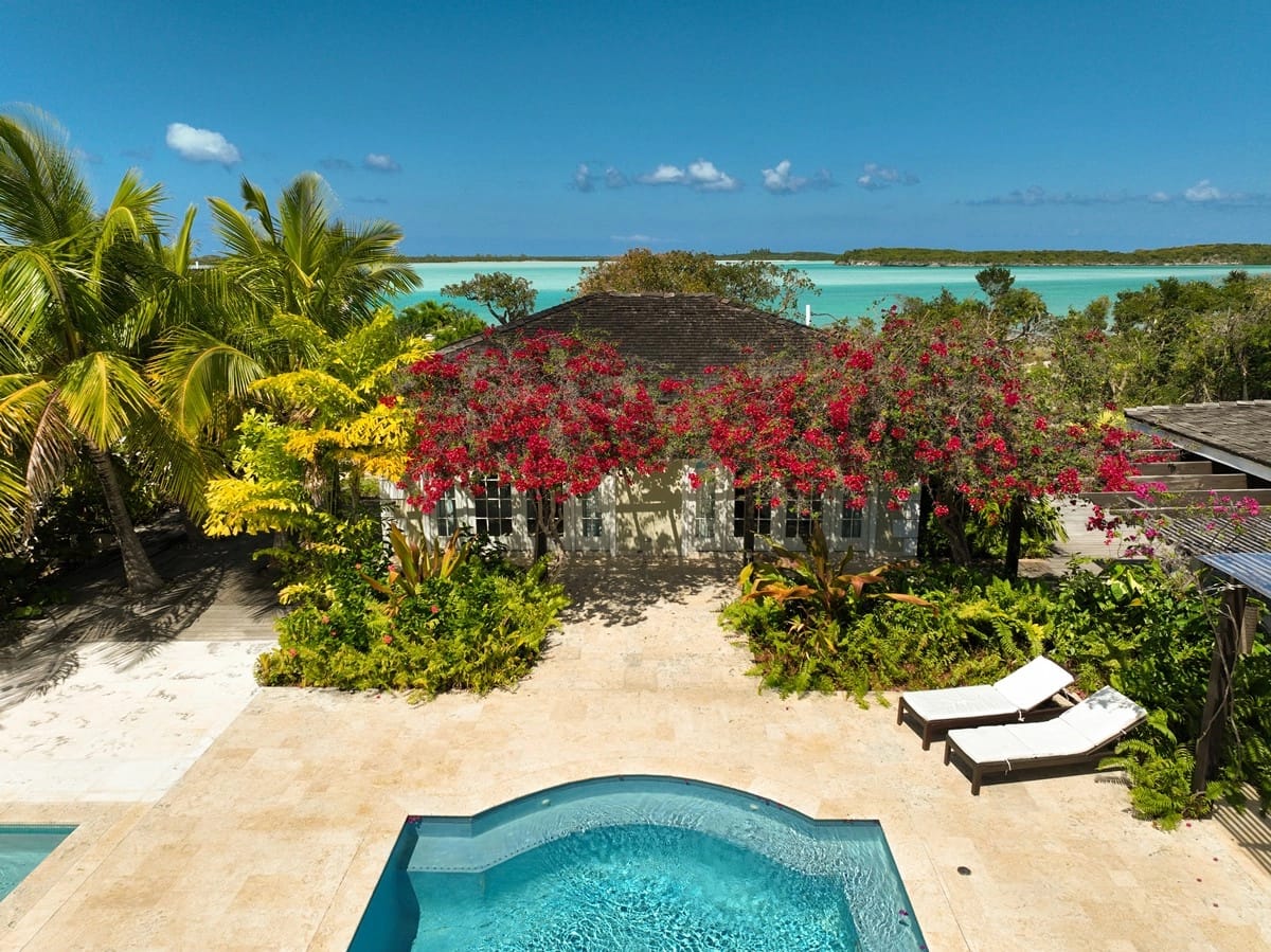 Tropical poolside with vibrant foliage.