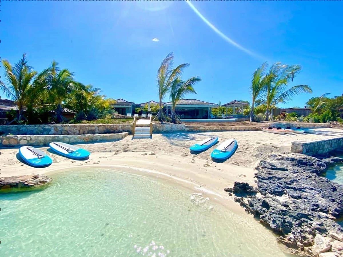 Sunny beach with paddleboards, palms.