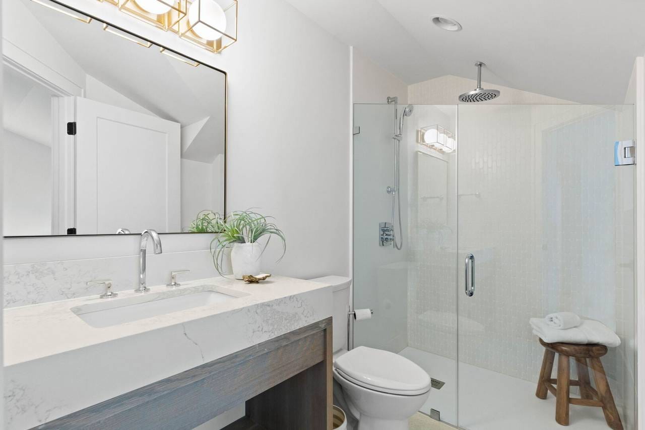 Modern bathroom with glass shower.