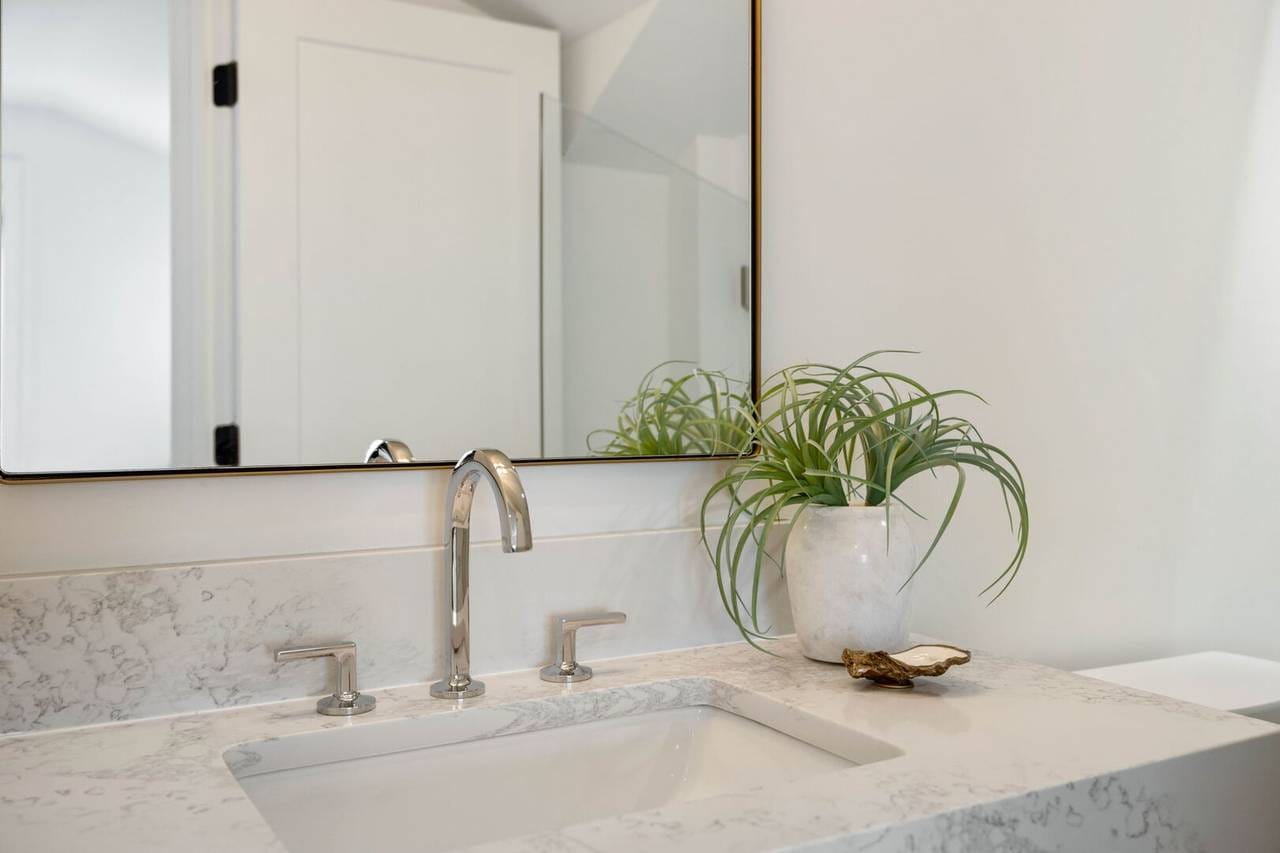 Bathroom sink with plant decor.