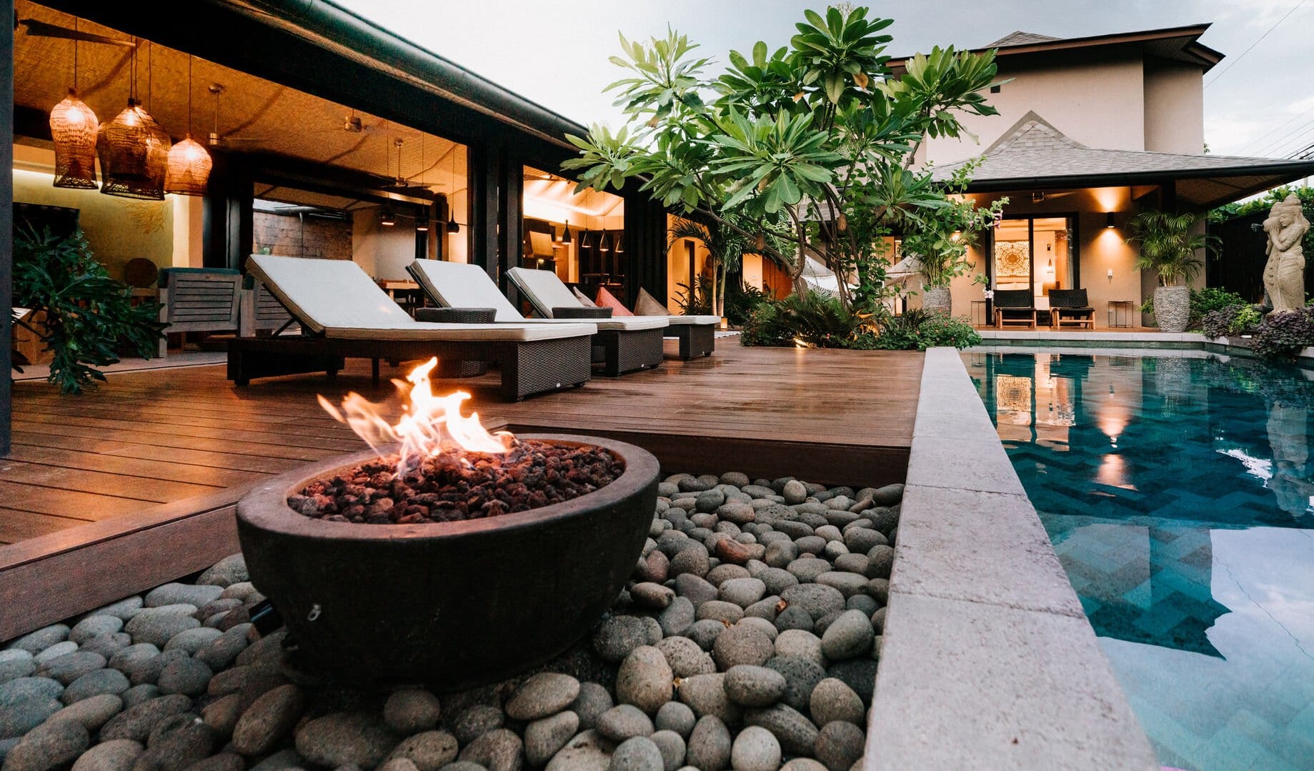 Luxury outdoor area with pool.