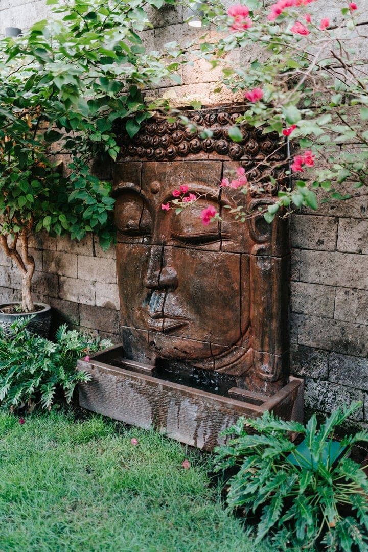 Buddha fountain surrounded by plants.