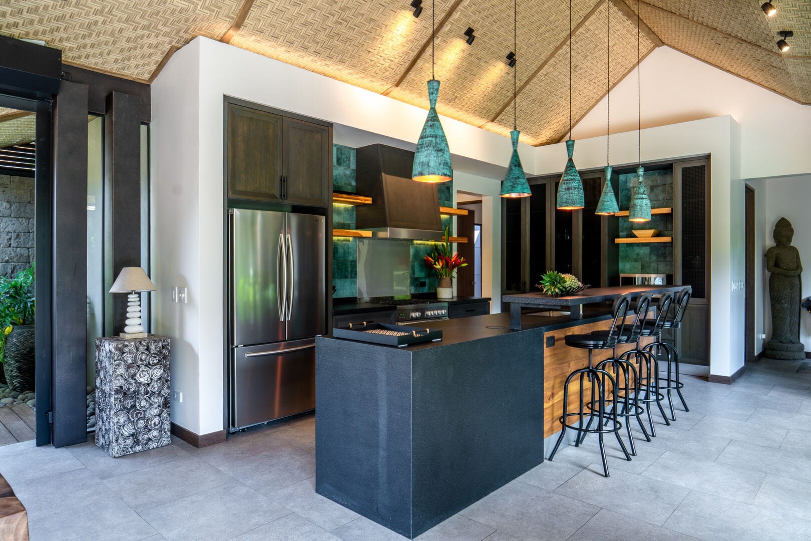Modern kitchen with pendant lights.