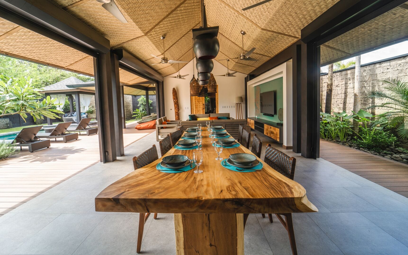 Open-air dining area with table.