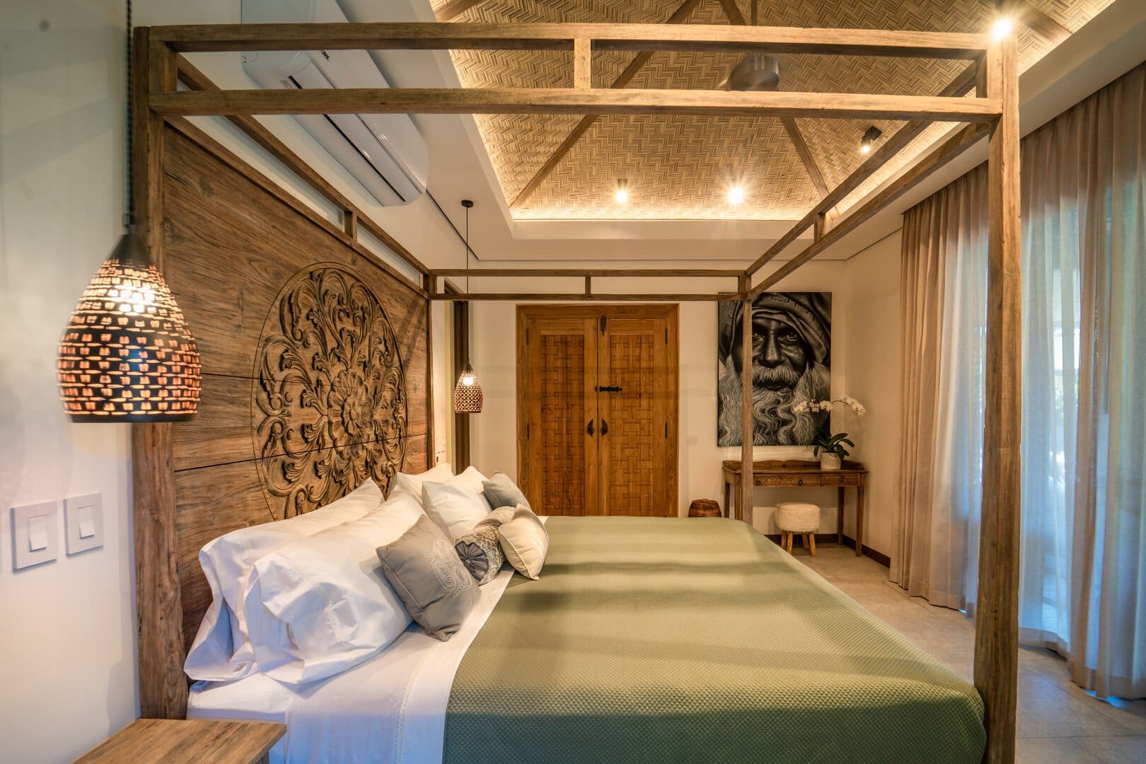 Cozy bedroom with wooden decor.