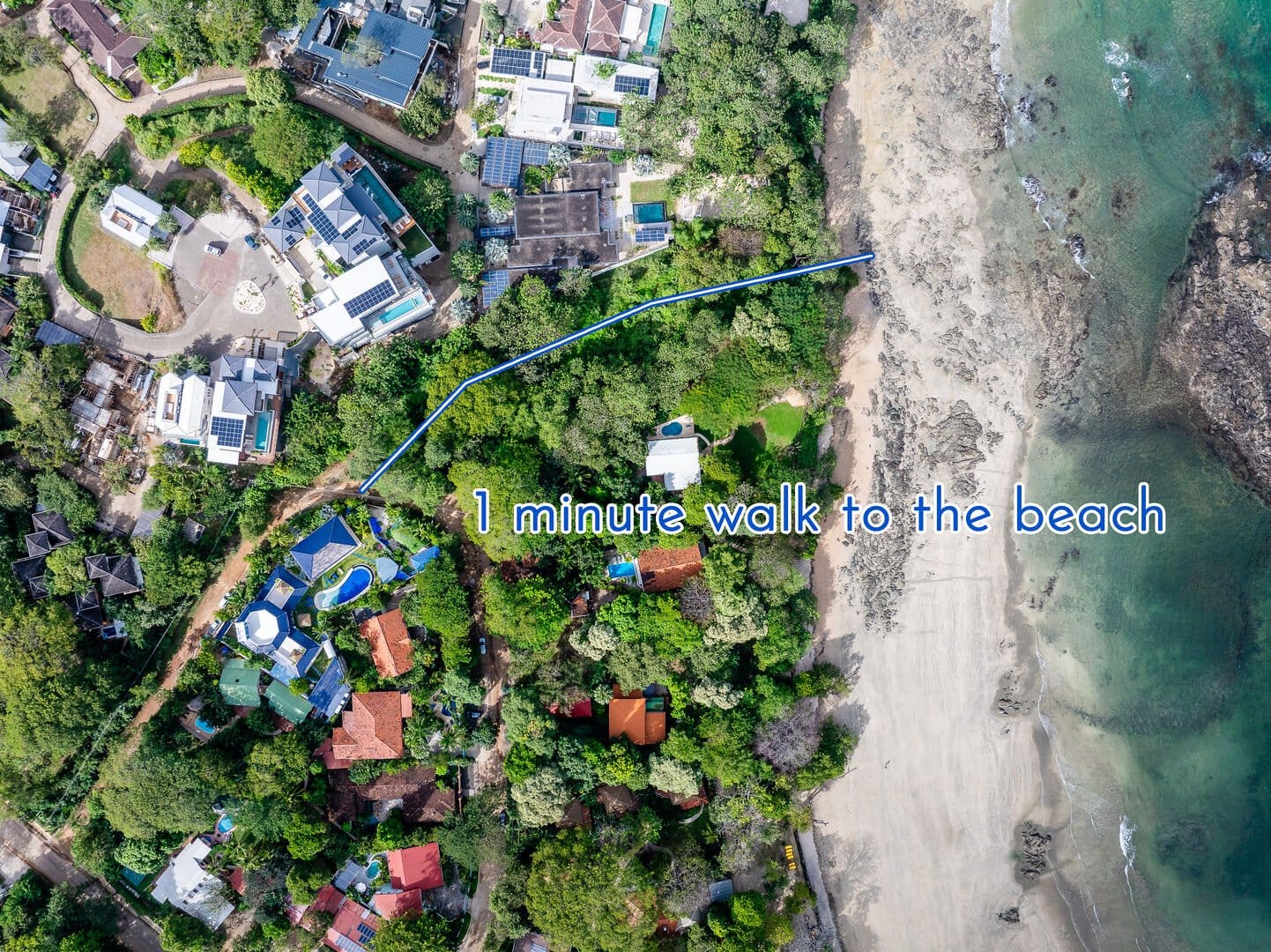Aerial view, houses near beach.