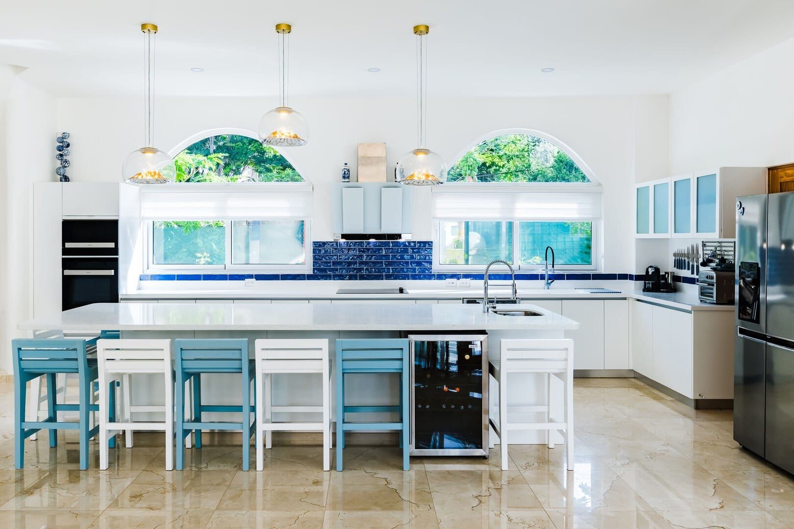 Modern kitchen with blue accents.