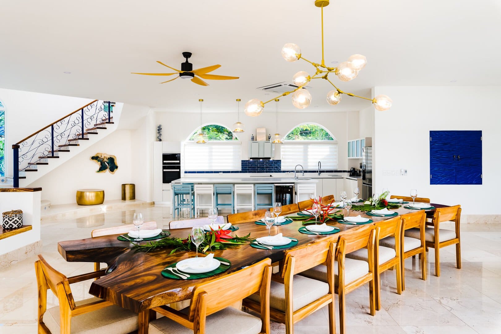 Elegant dining room with kitchen.