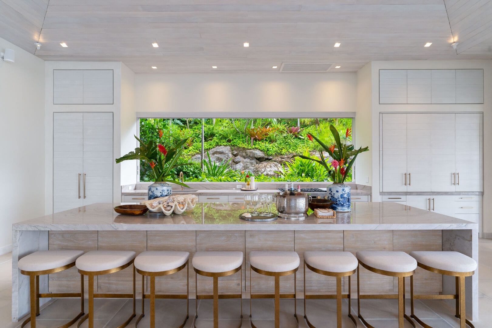 Modern kitchen with large window.