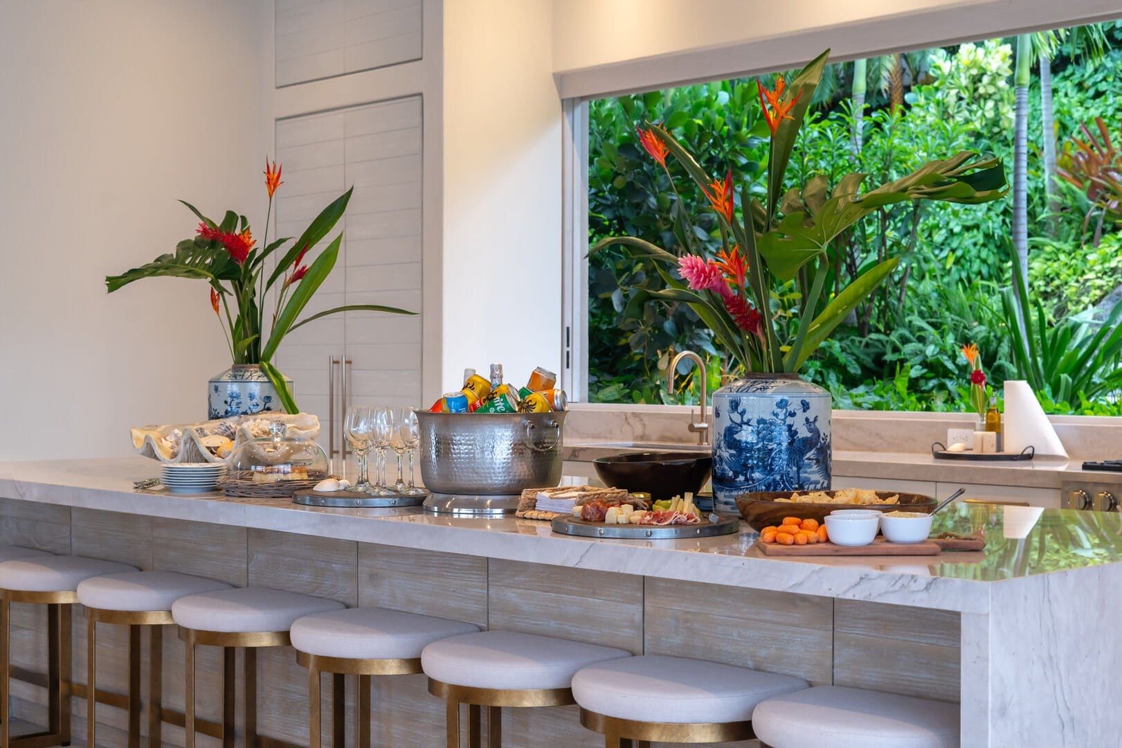 Stylish kitchen with snacks displayed.