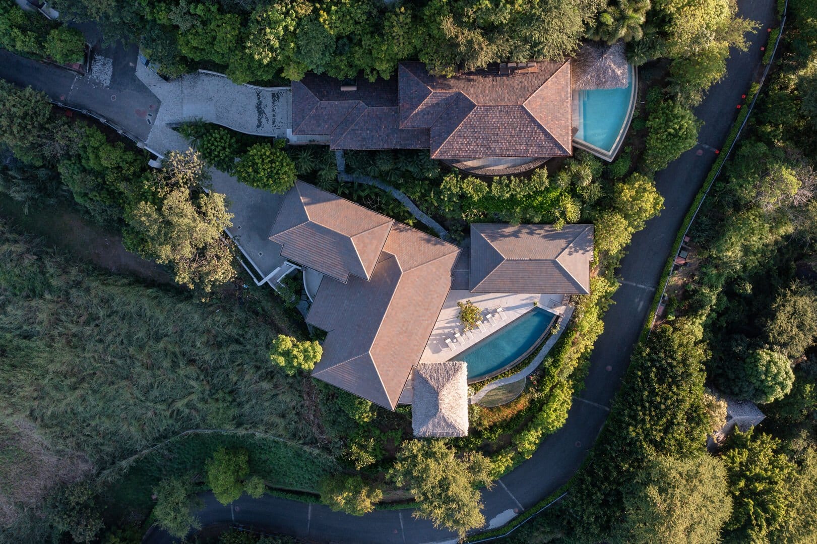 Aerial view of house and trees.