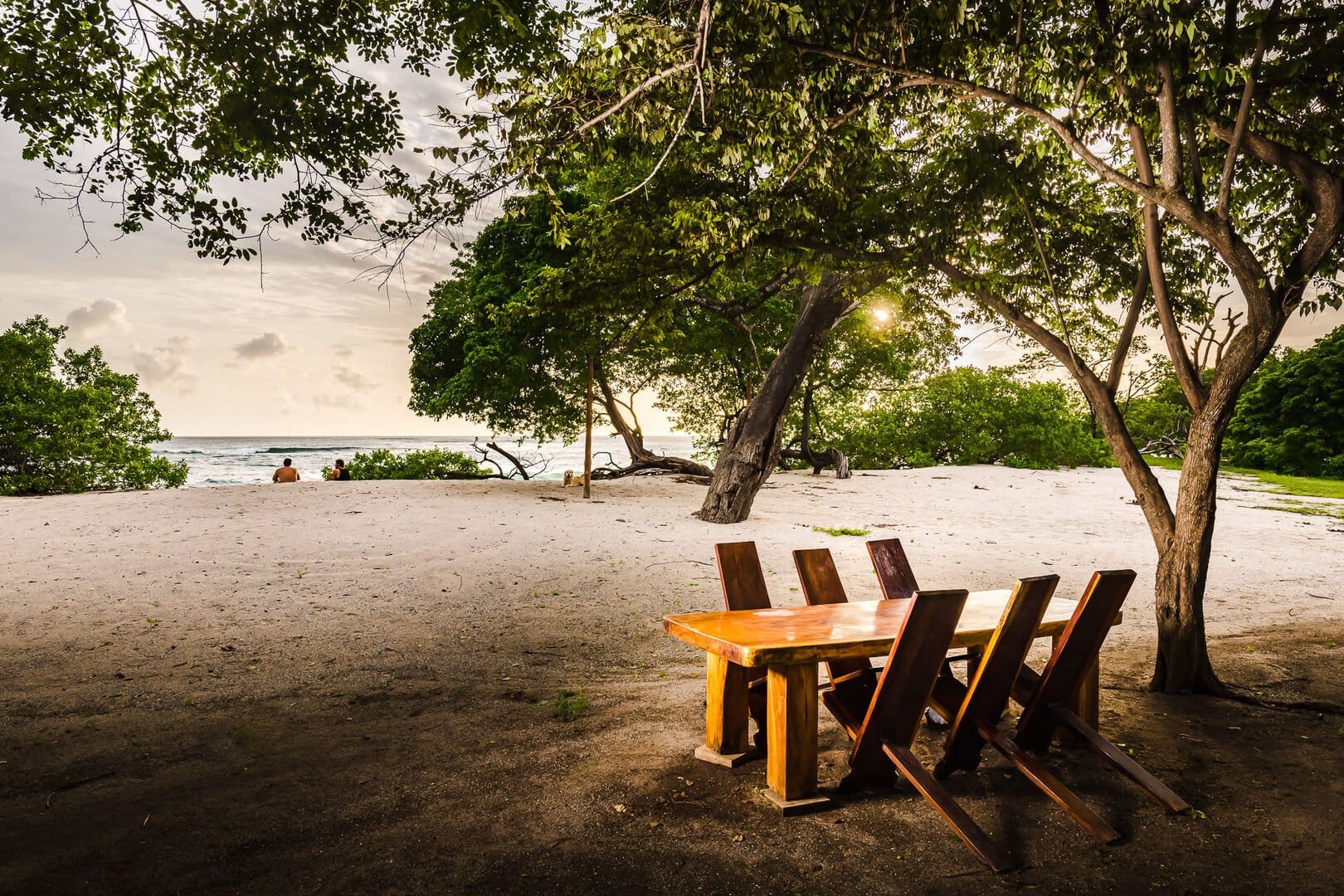 Beachside table under shady trees.