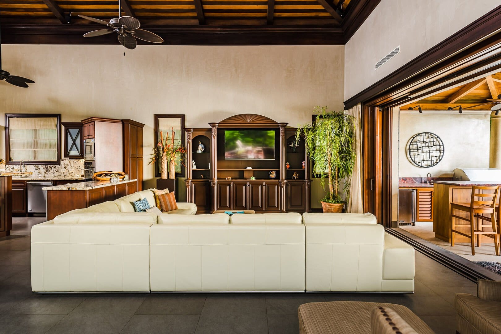 Spacious living room with kitchen.