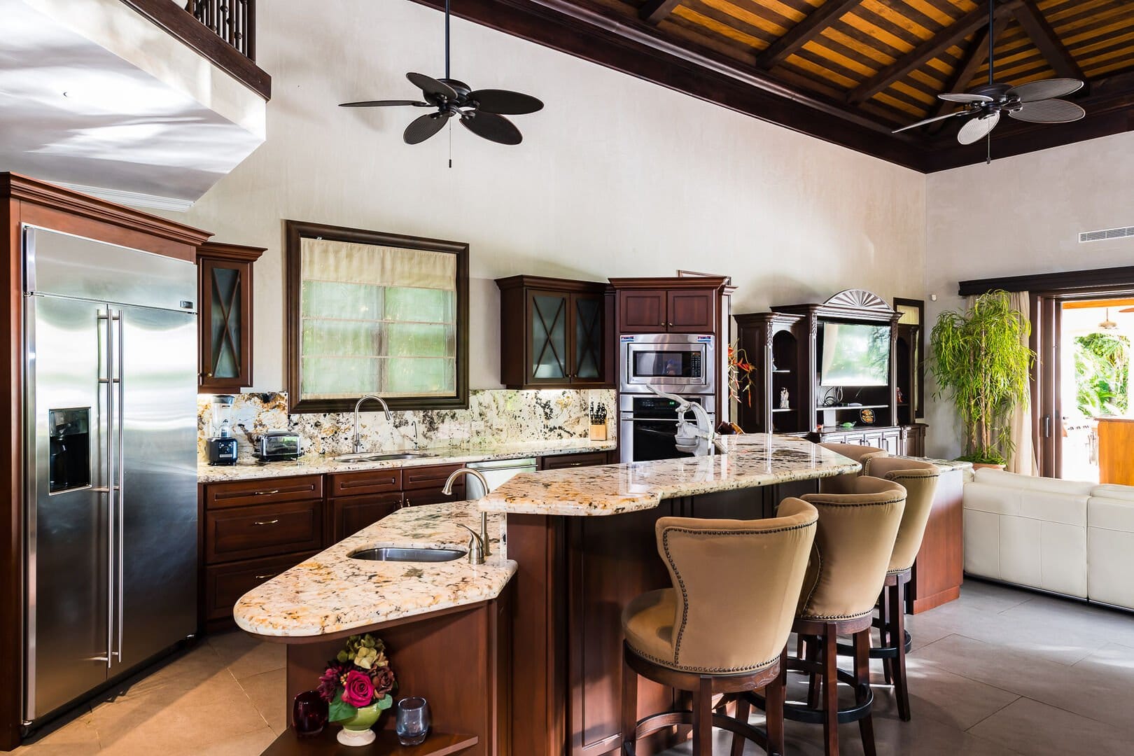 Modern kitchen with island seating.