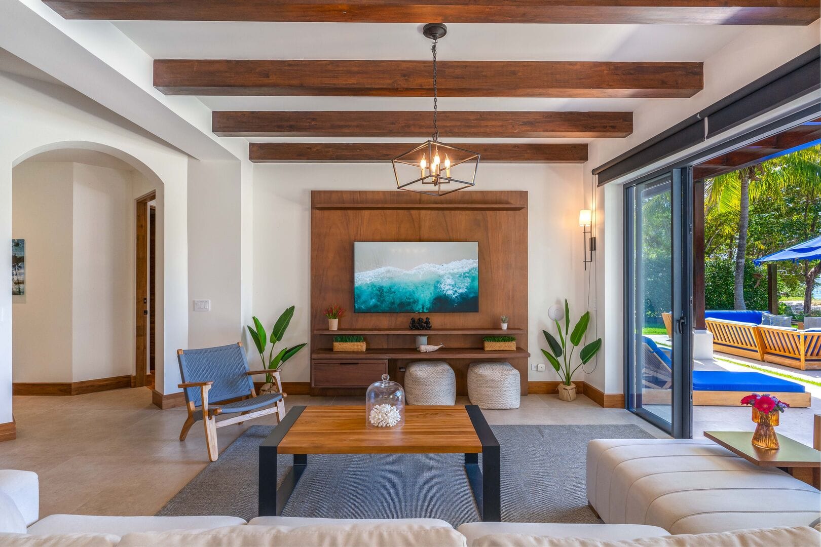 Modern living room with patio view.