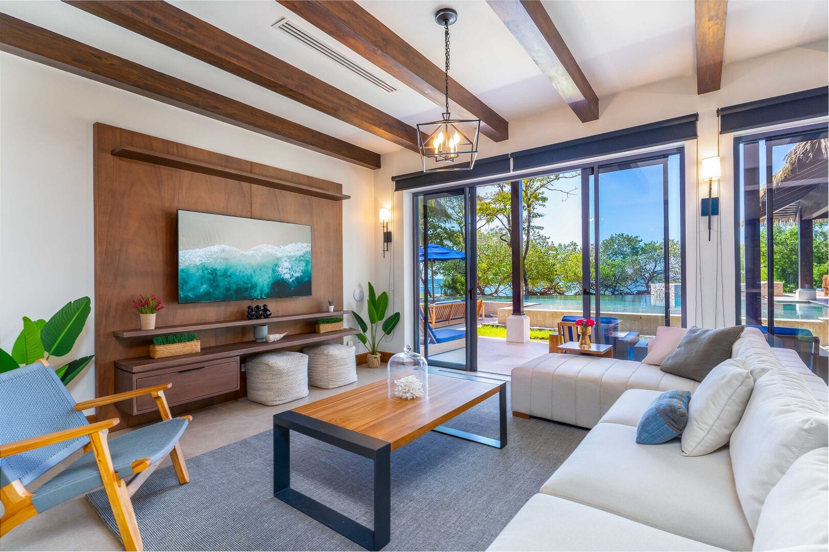 Modern living room with outdoor view.