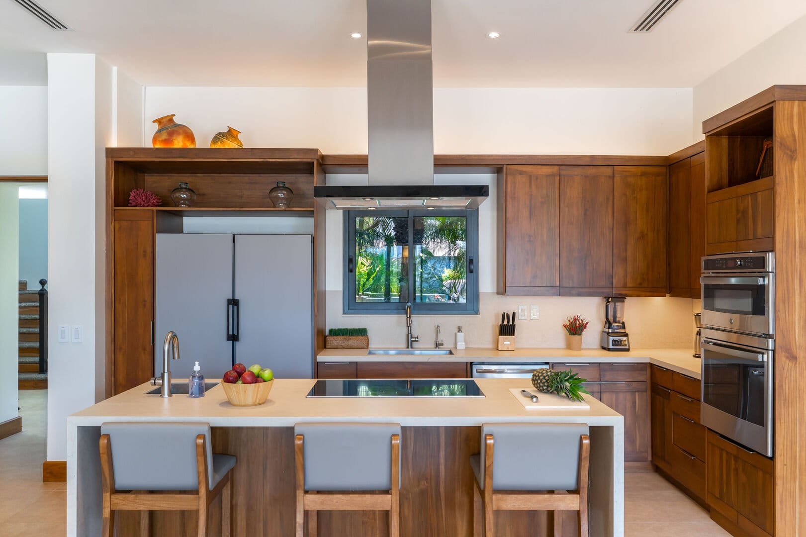 Modern kitchen with wood cabinets.