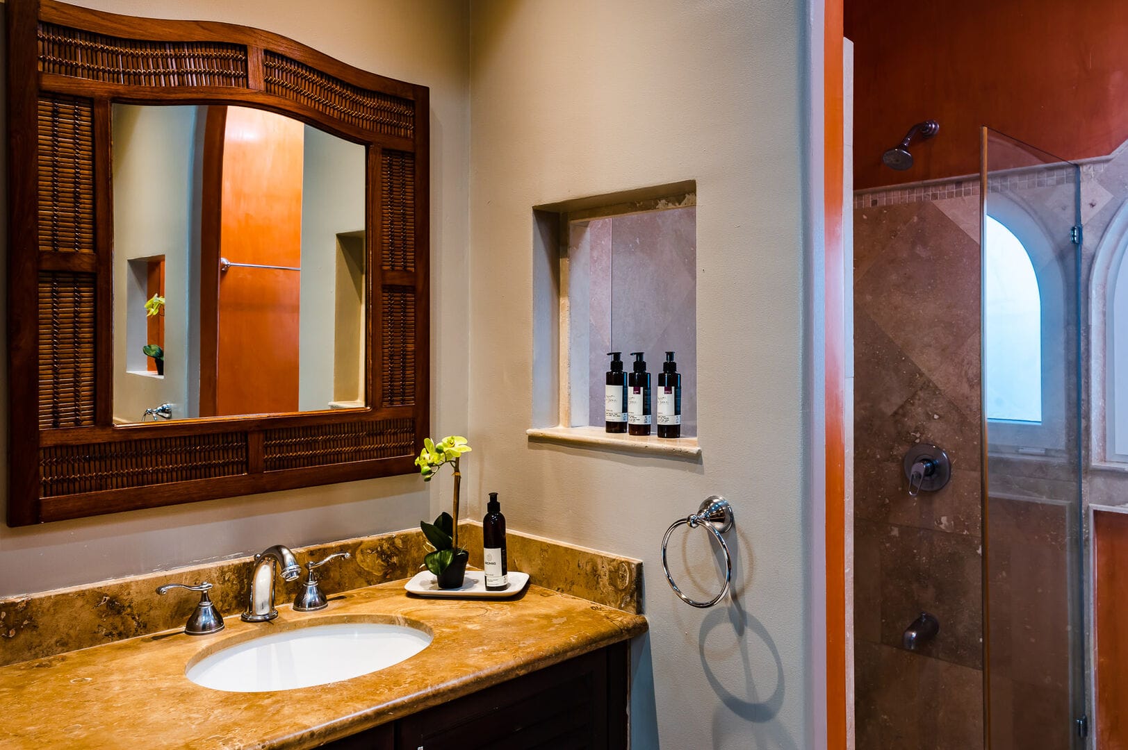 Elegant bathroom with wooden accents.
