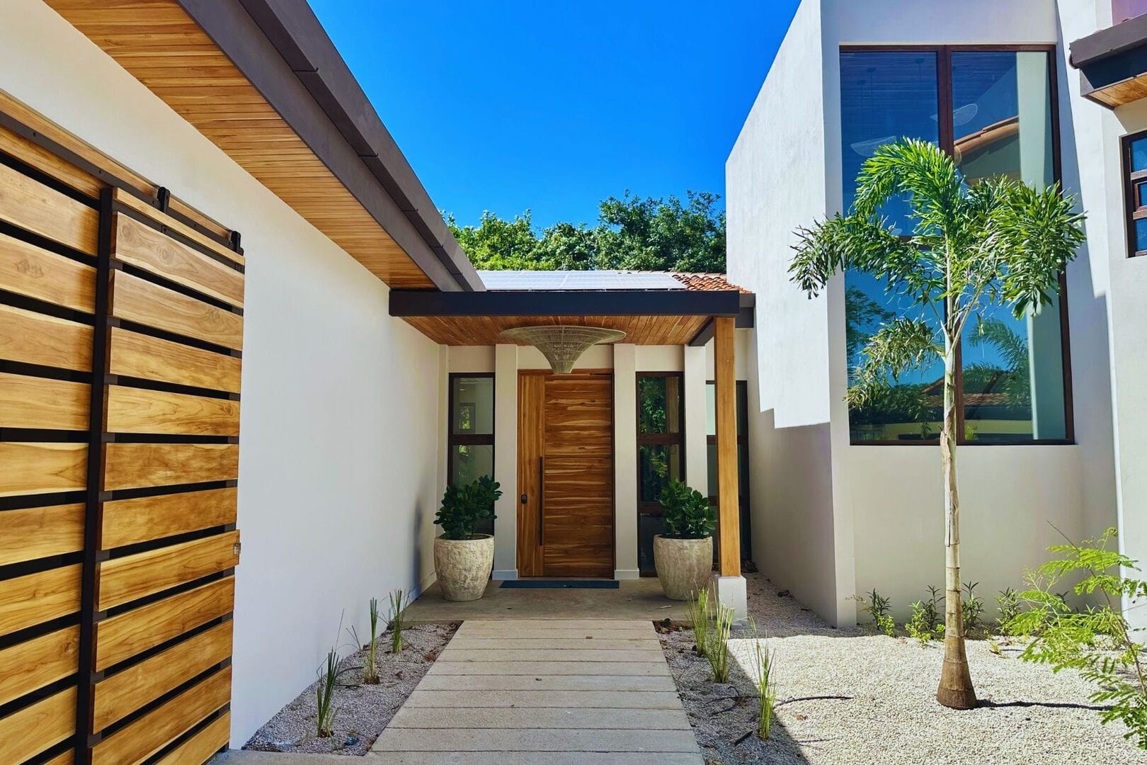 Modern house entrance with plants.