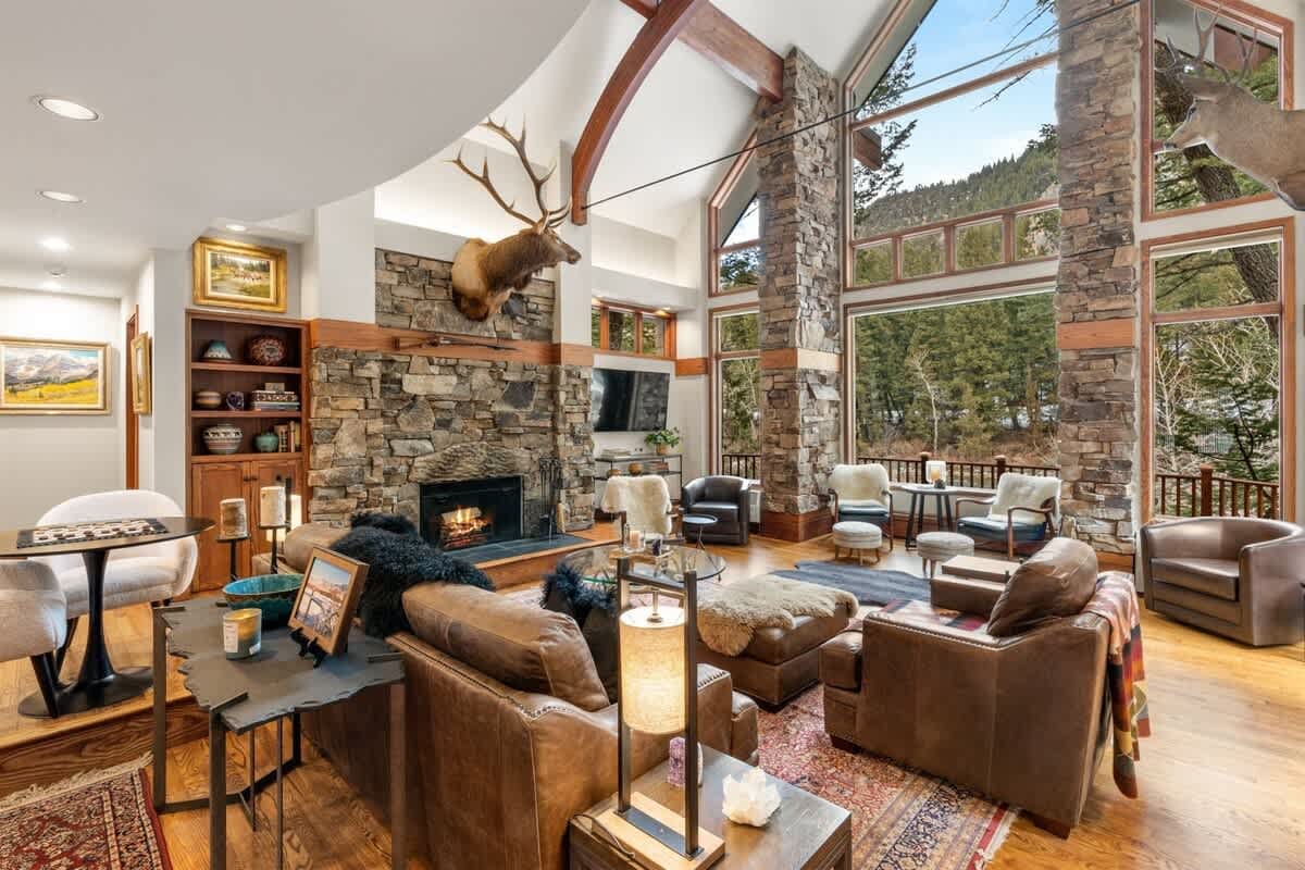 Rustic living room with fireplace.