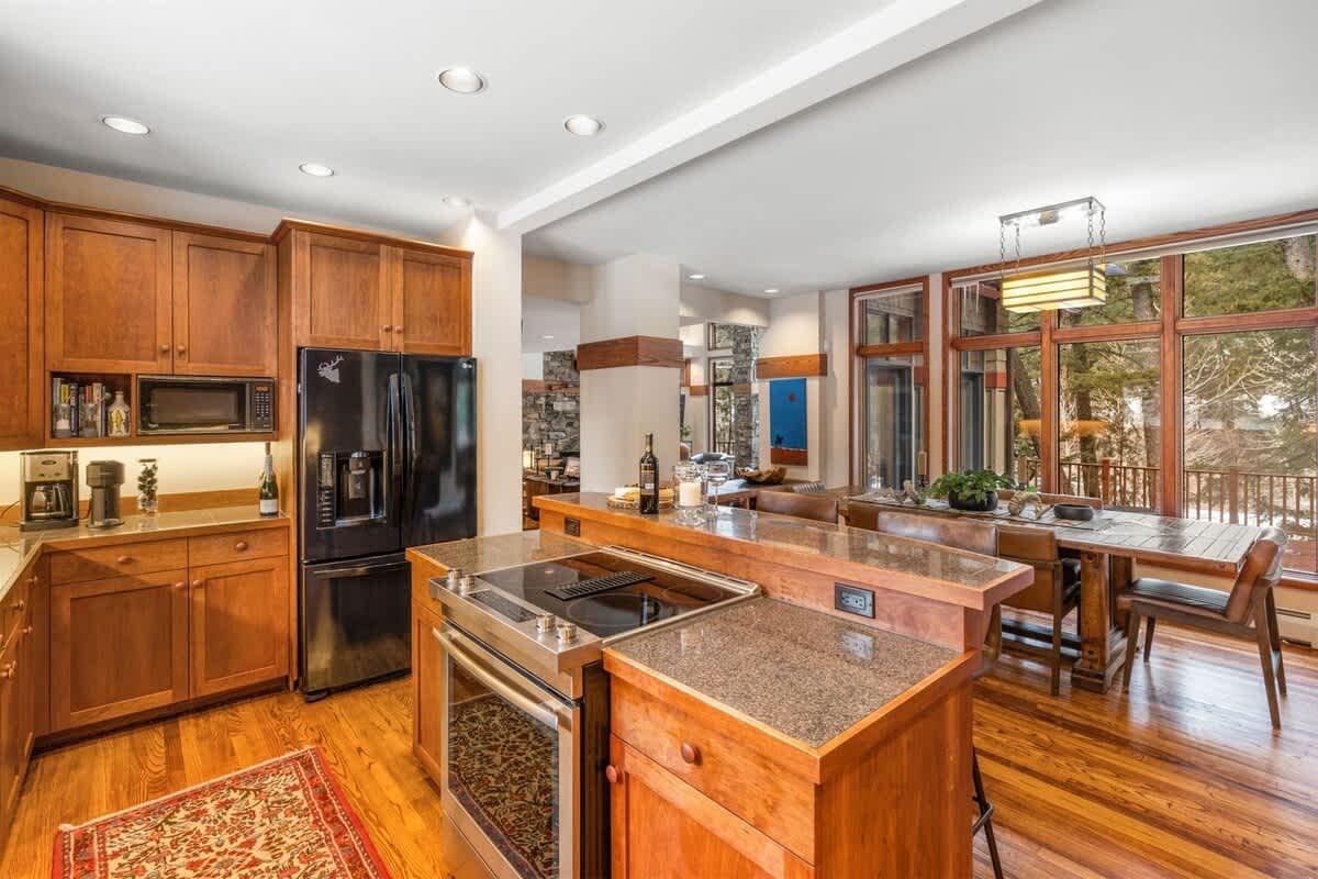 Wooden kitchen and dining area.