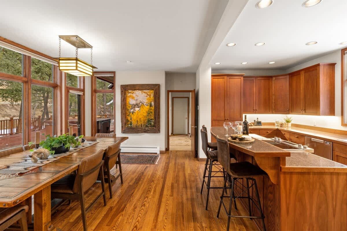 Wooden kitchen and dining area.