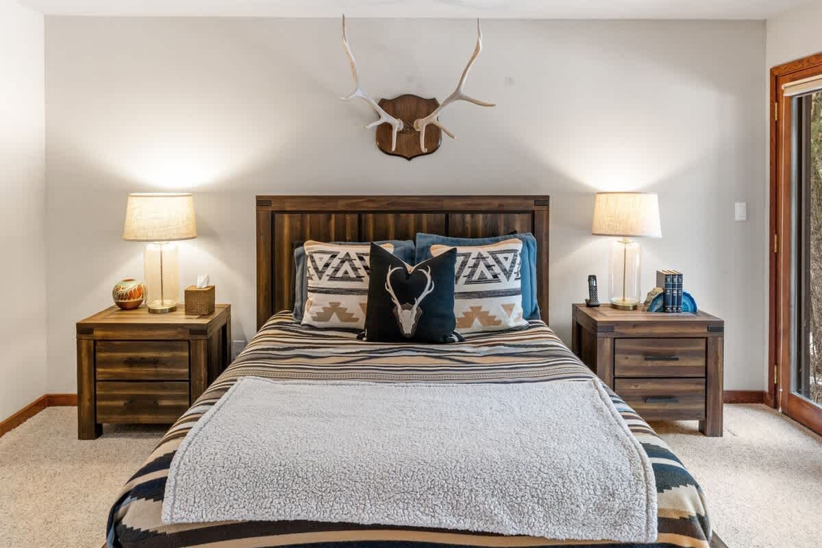 Cozy bedroom with rustic decor.
