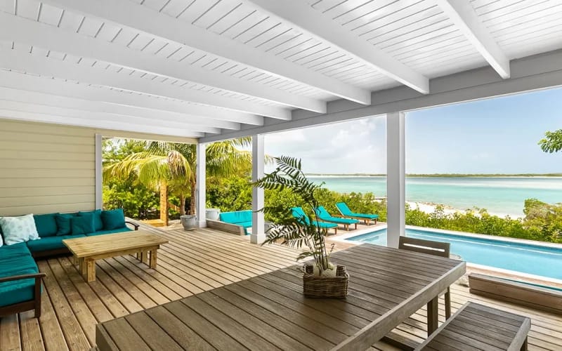 Covered patio with ocean view.