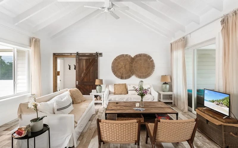 Bright living room with rustic decor.