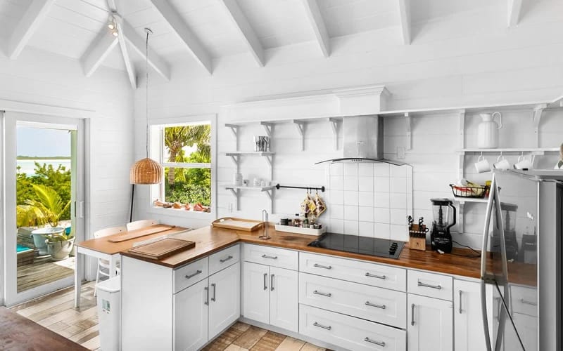 Bright kitchen with outdoor view.