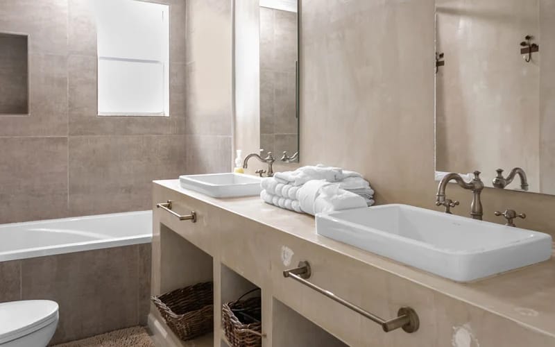 Modern bathroom with two sinks.