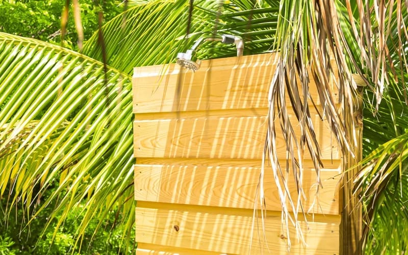 Outdoor shower surrounded by palm leaves.