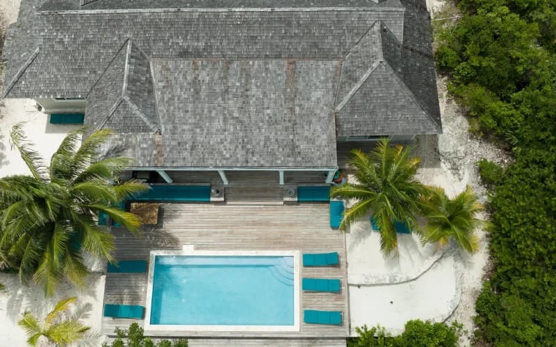 Aerial view of tropical villa.