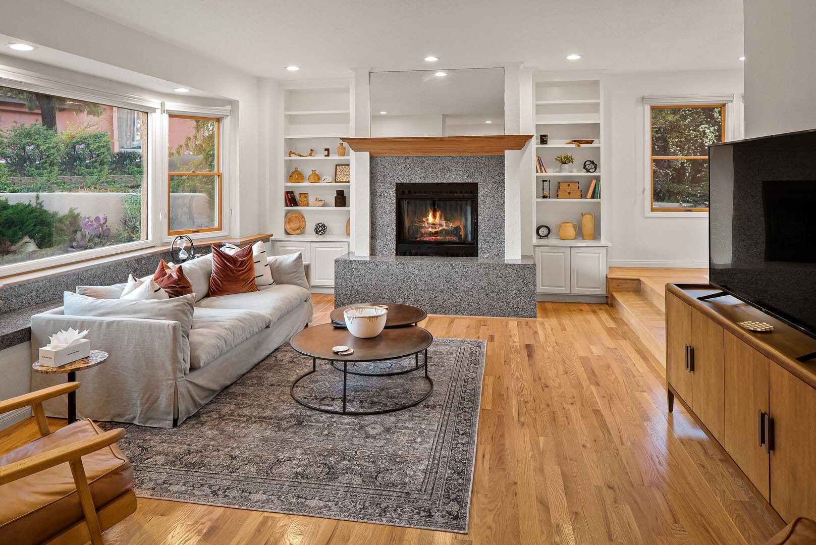 Cozy living room with fireplace.