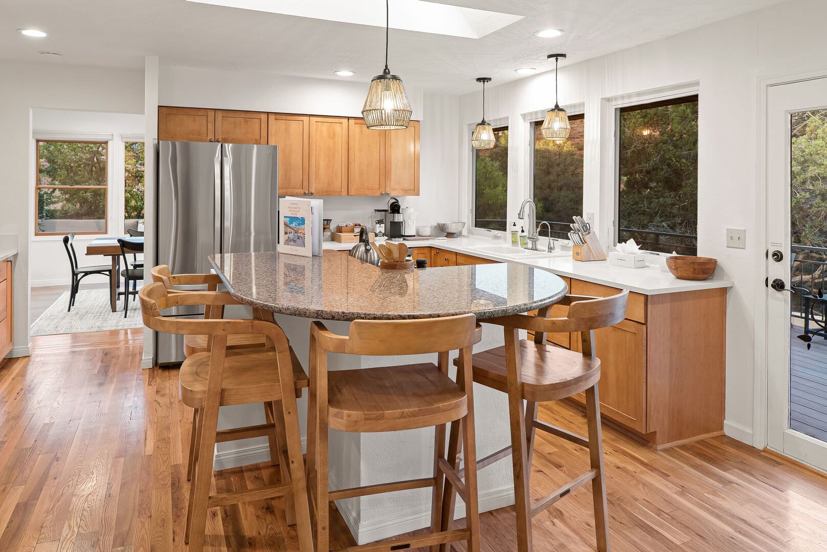 Modern kitchen with wooden island.