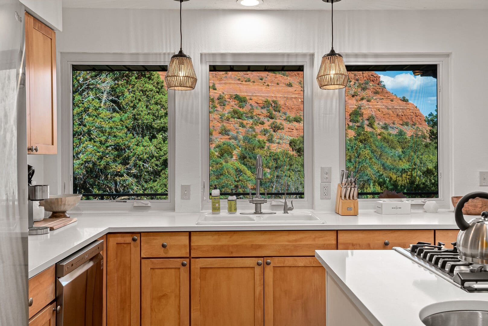Kitchen with window desert view.